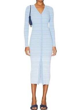 Staud Shoko French Baby Blue White Cardigan Fitted Maxi Sweater Dress Fine Knit